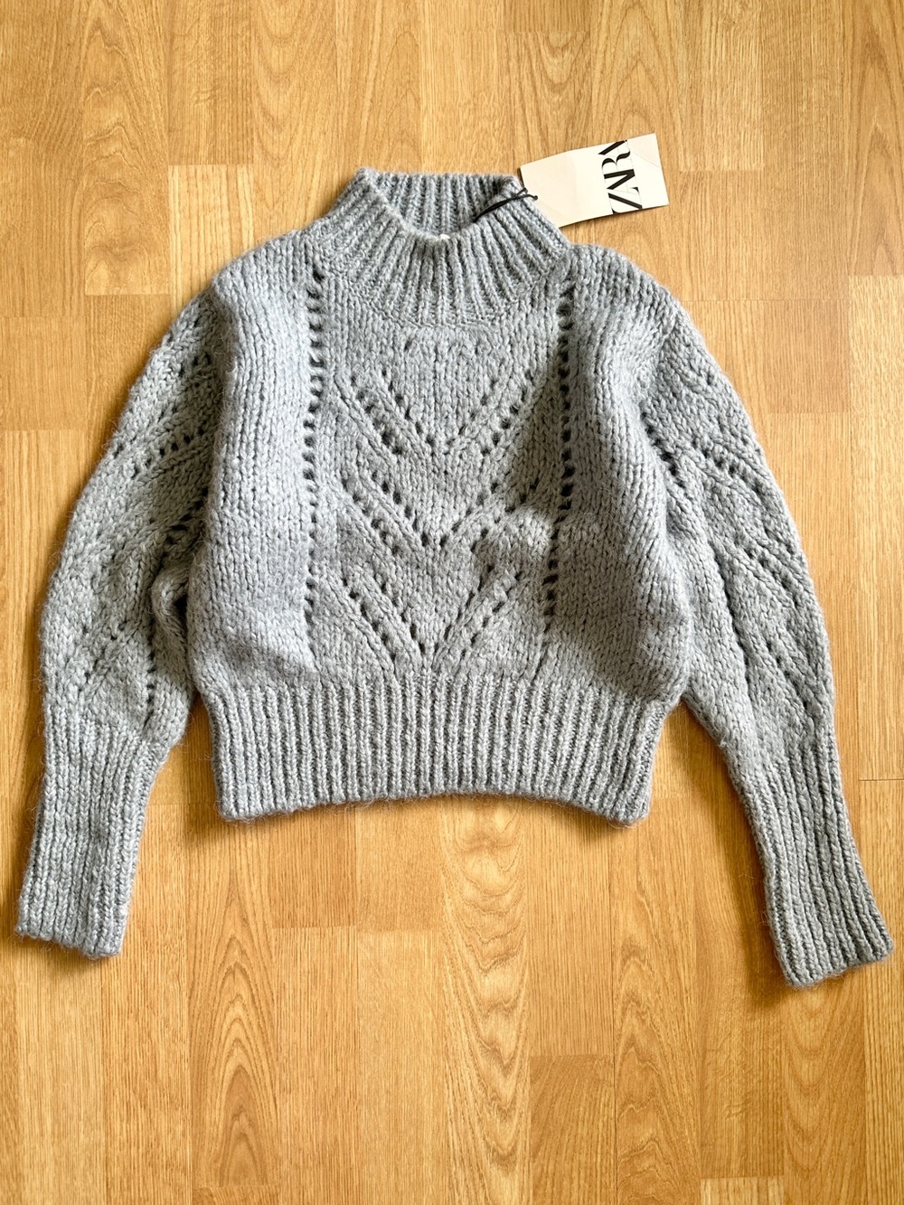NWT Zara Light Dusty Blue Pointelle Knit Mock-Neck Cropped Sweater S Wool Blend